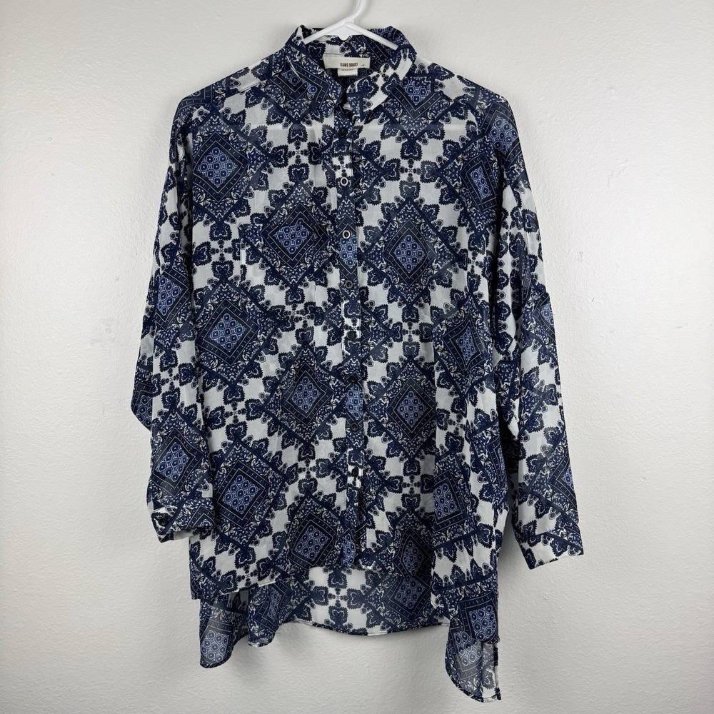 SANS SOUCI Womens Sheer button up shirt blouse Blue Boho Geometric‎ - S